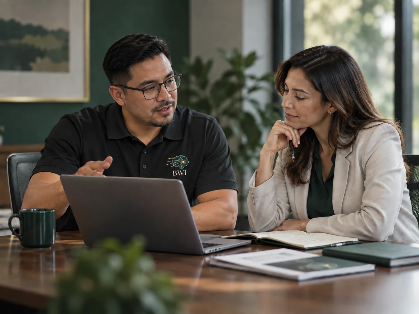 A BWI team member and an educator review a laptop and notes together during a tailored consultation.