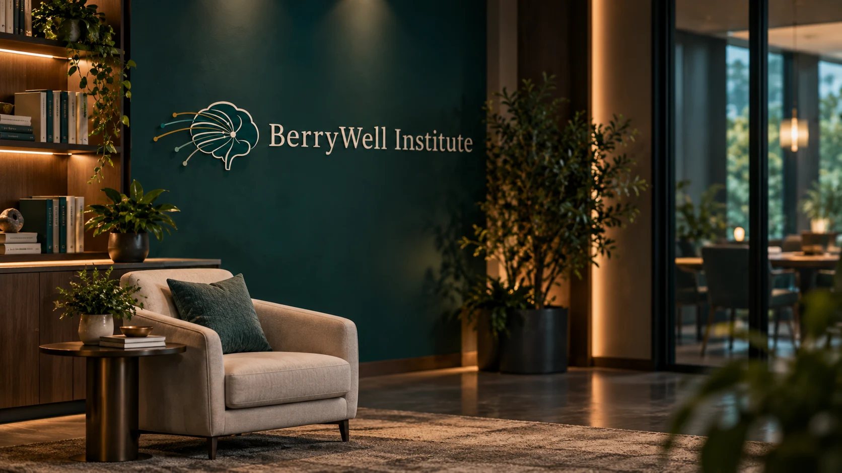 A quiet BerryWell Institute lounge with the BWI logo on a deep green wall.
