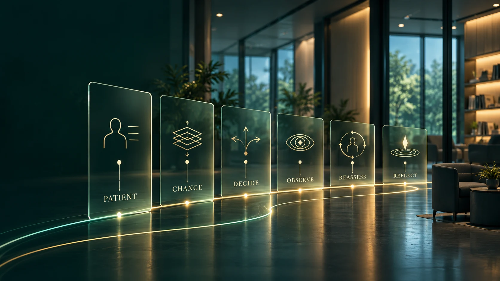 Six illuminated glass panels along a lit path, marked Patient, Change, Decide, Observe, Reassess, and Reflect.