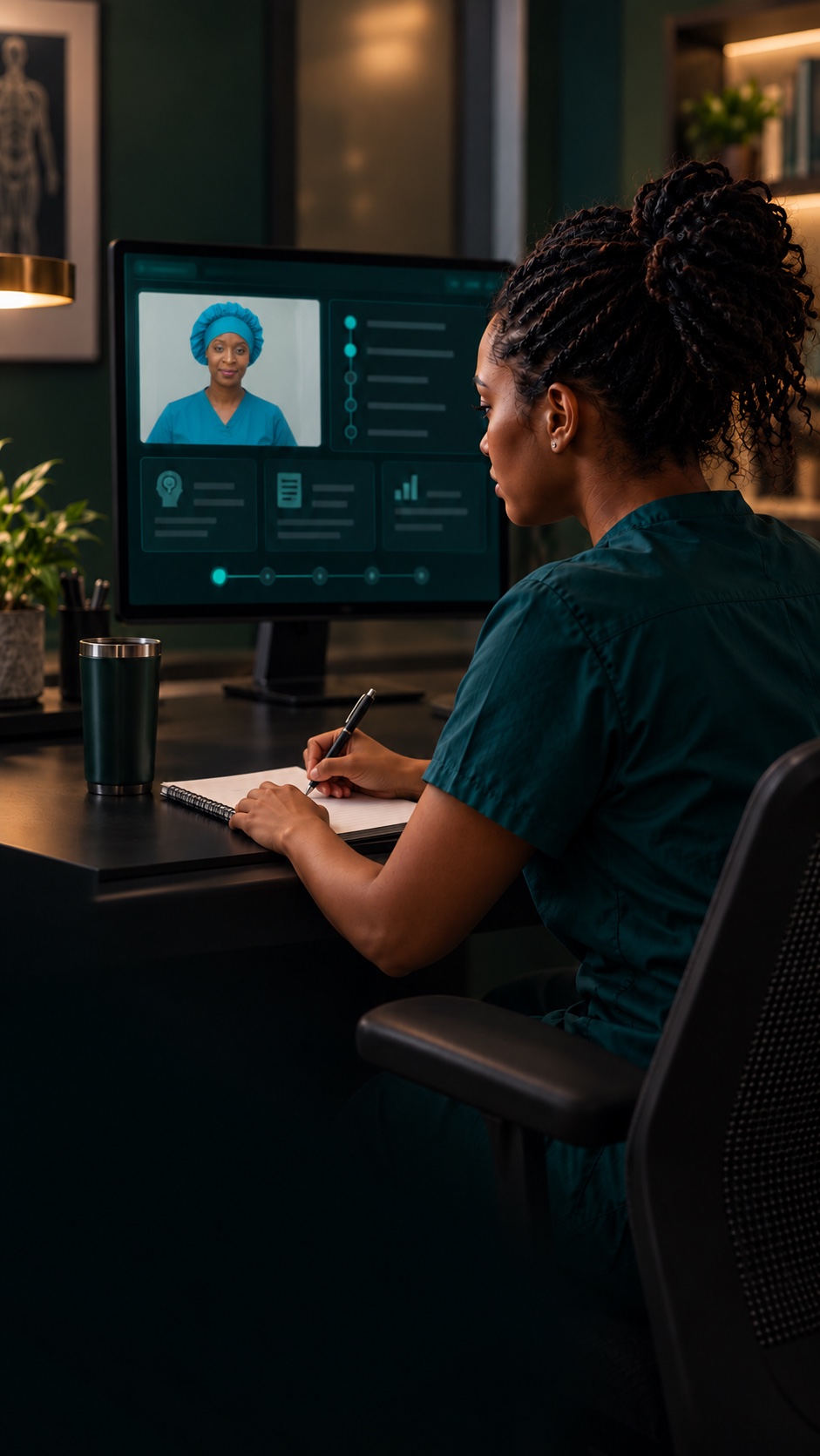 A learner takes notes while reviewing a guided debrief with a mentor on screen.