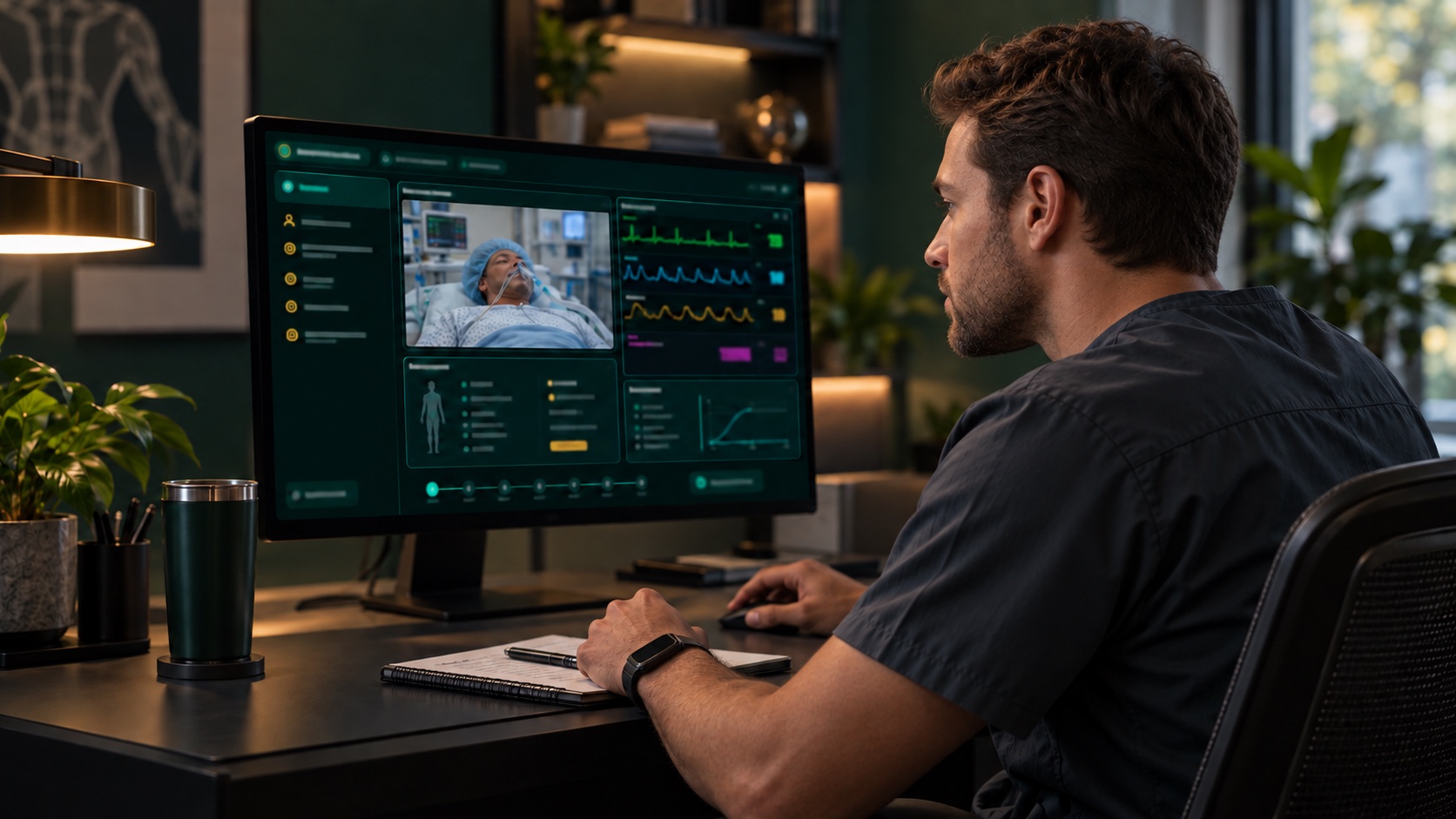 A learner works through a BWI patient scenario with vital signs on a desktop monitor.