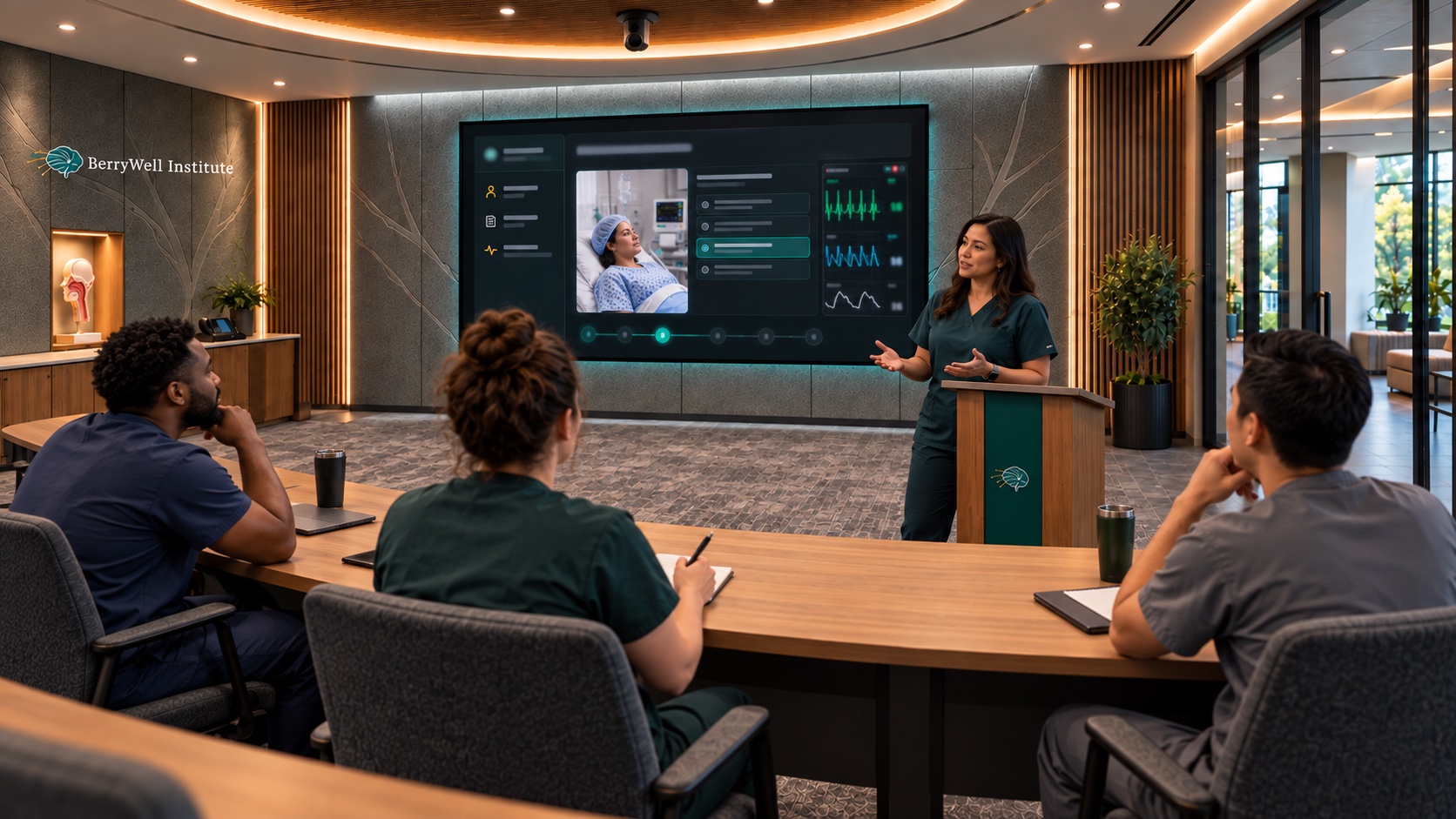 An educator leads a group discussion of a BWI simulation displayed on a large screen.
