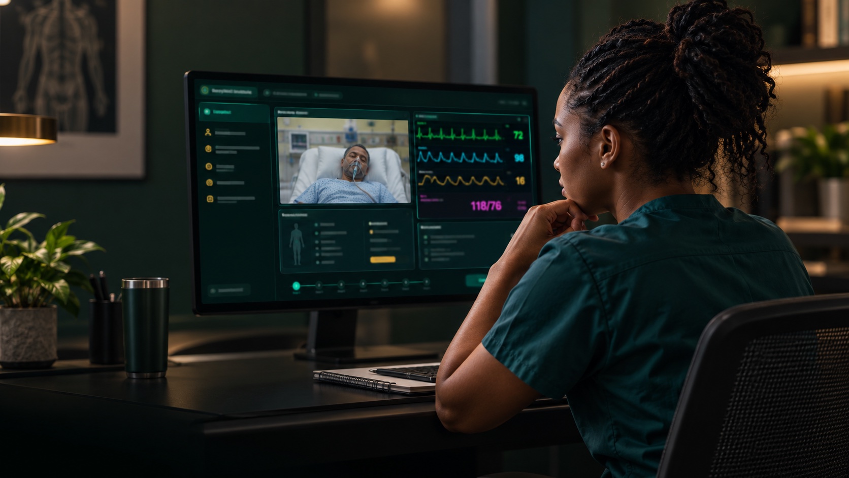 A learner studies a BWI simulation screen showing a ventilated patient and live vital signs.