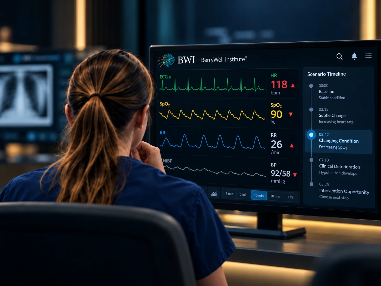 A learner follows changing vital signs and the scenario timeline on a BWI monitor.