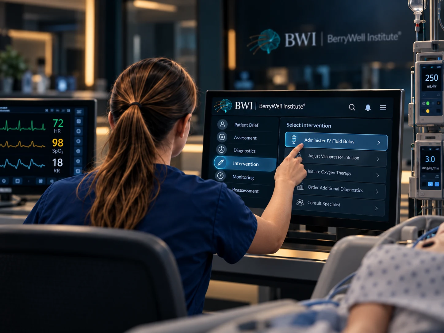 A learner selects an intervention on the BWI interface.
