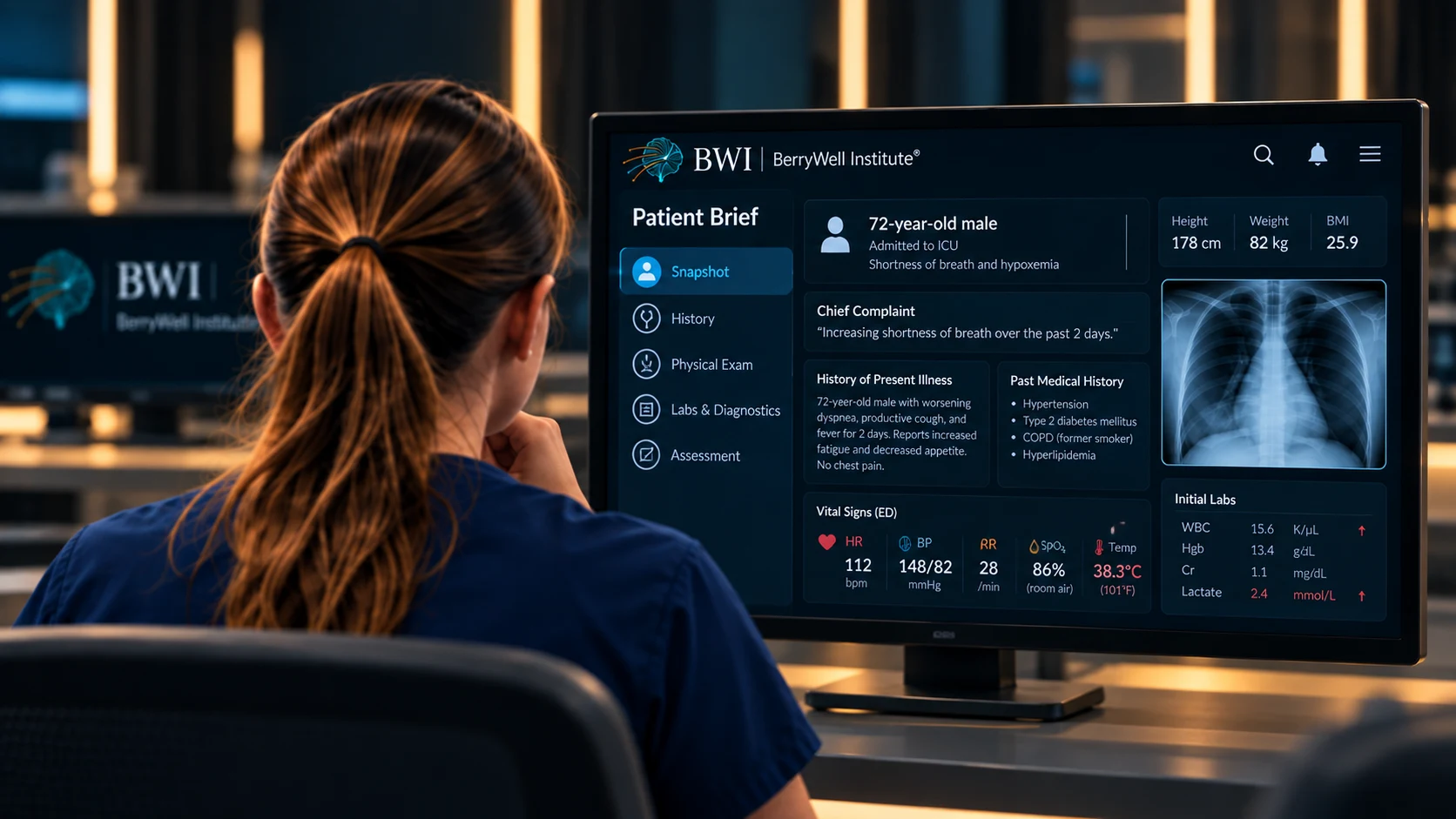 A learner reviews the BWI Patient Brief screen with patient history, diagnostics, and initial vital signs.