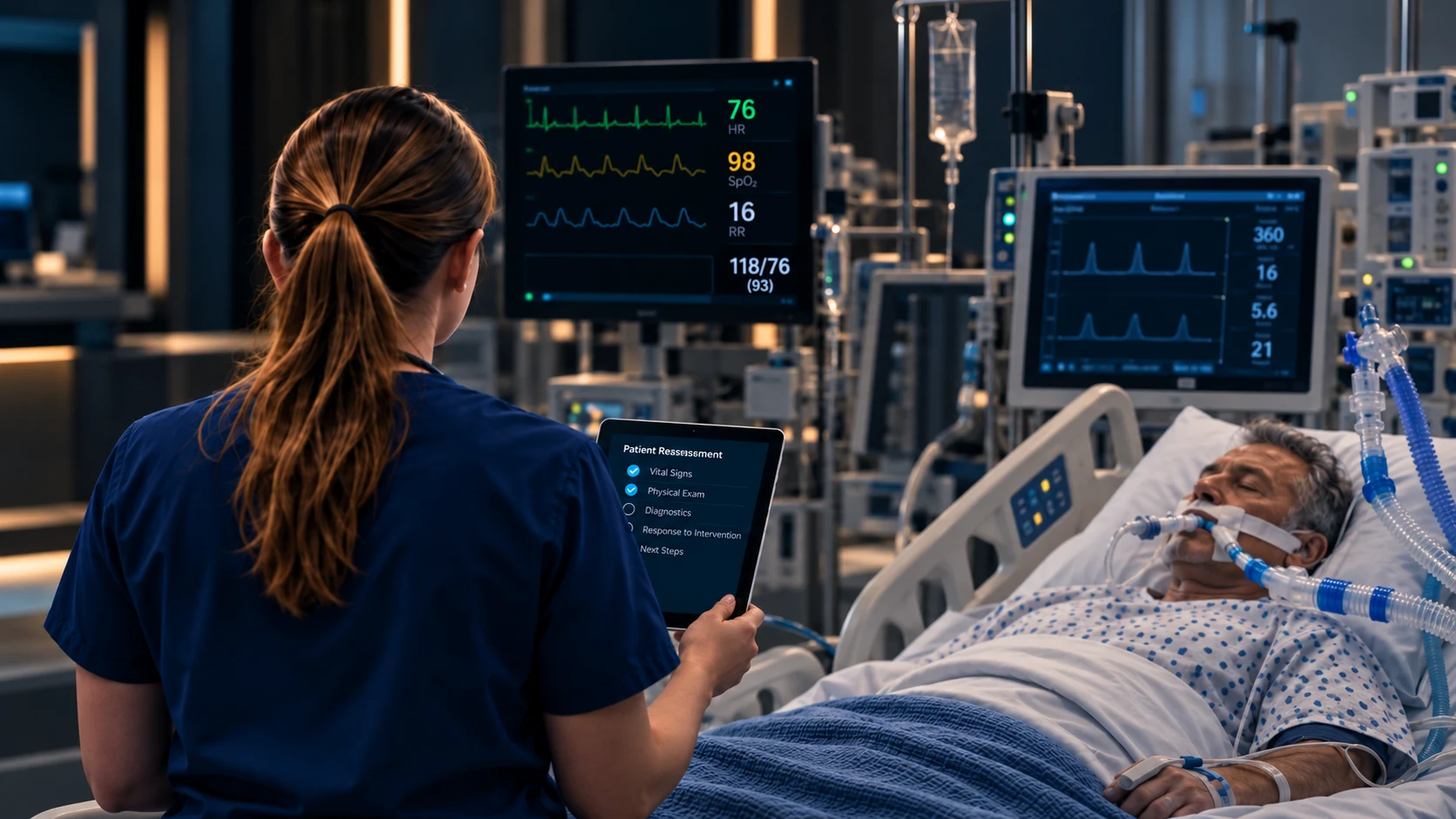 A learner reassesses an intubated patient connected to a ventilator beside bedside monitors.