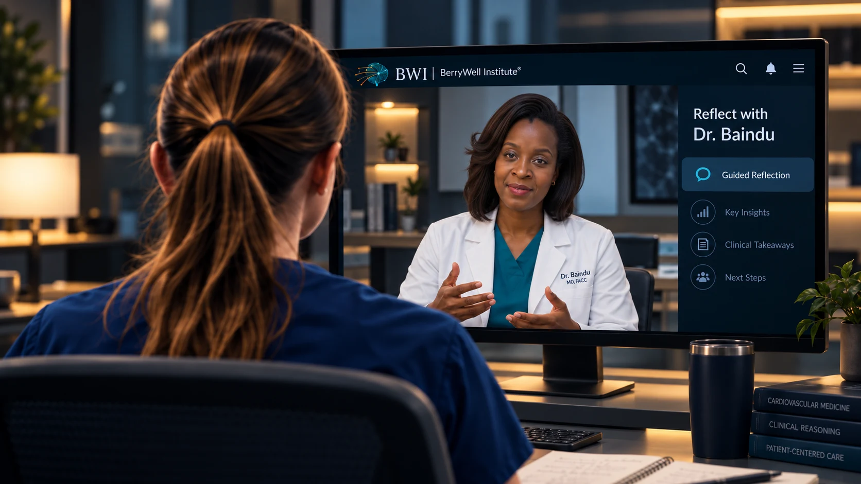 A learner views Dr. Baindu on the BWI guided reflection screen.